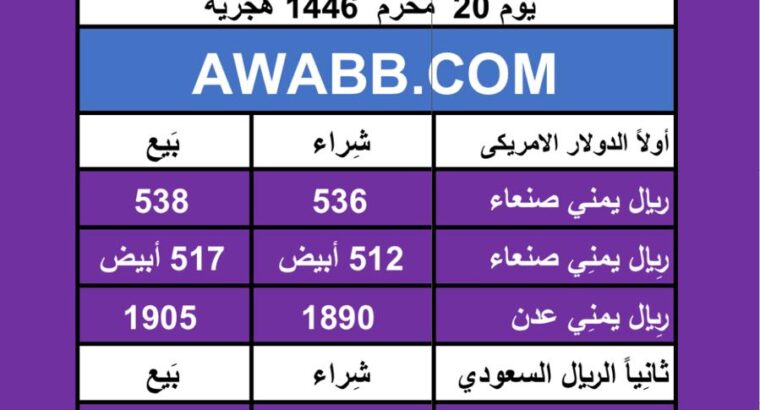 اسعار العملات في اليمن يوم 2024/7/27