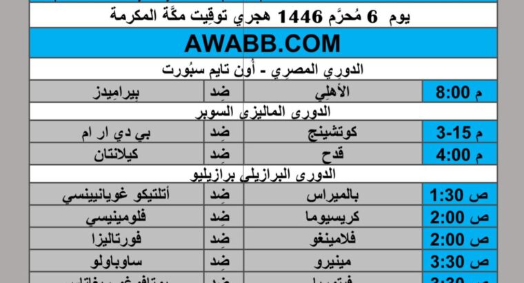 جدول مباريات كرة القدم يوم 2024/7/12 م