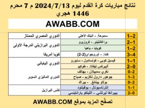 نتائج مباريات كرة القدم ليوم 2024/7/13 م 7 محرم 1446 هجري