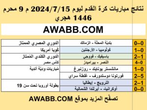نتائج مباريات كرة القدم ليوم 2024/7/15 م 9 محرم 1446 هجري