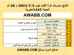 نتائج مباريات كرة القدم ليوم 2024/7/2 م 26 ذو الحجة 1445هجرية