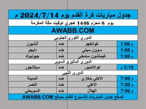 جدول مباريات كرة القدم يوم 2024/7/14 م