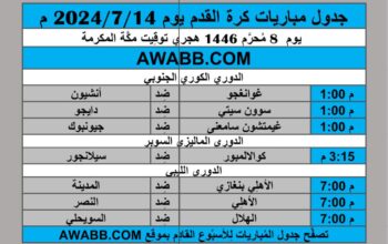 جدول مباريات كرة القدم يوم 2024/7/14 م