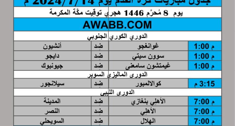 جدول مباريات كرة القدم يوم 2024/7/14 م