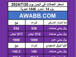 اسعار العملات في اليمن يوم 2024/7/20