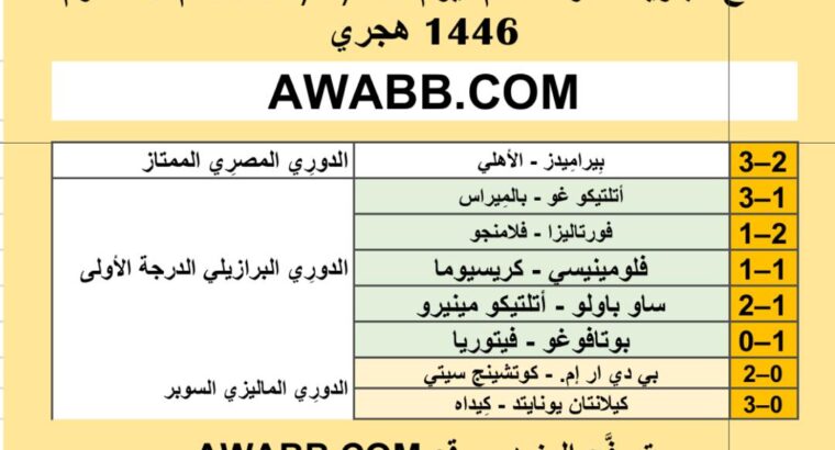 نتائج مباريات كرة القدم ليوم 2024/7/12 م 6 محرم 1446 هجري