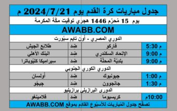 جدول مباريات كرة القدم يوم 2024/7/21 م