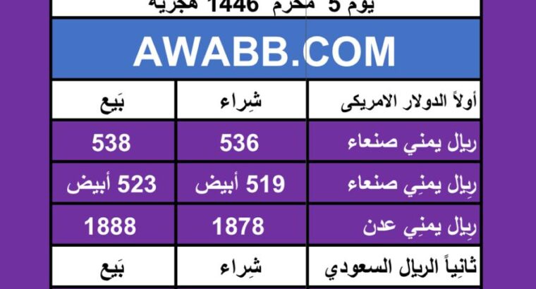 اسعار العملات في اليمن يوم 2024/7/11