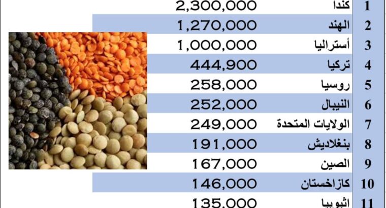 الدول الأكثر إنتاجاً للعدس بالطن بالعام 2022م (إنتاج العدس) رقم تقريبي