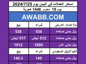 اسعار العملات في اليمن يوم 2024/7/25
