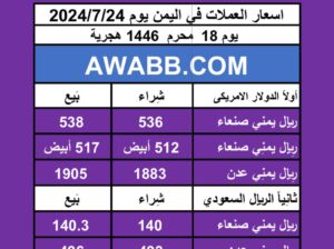 اسعار العملات في اليمن يوم 2024/7/24