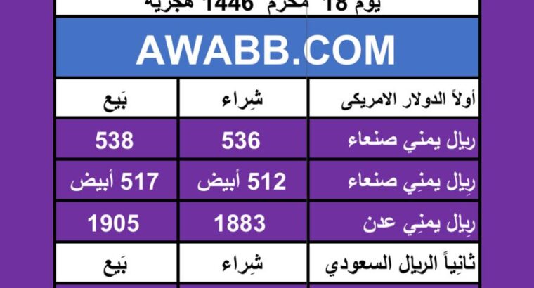 اسعار العملات في اليمن يوم 2024/7/24