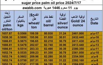 كشف يومي حول سعر السلع اليوم و الفضة و النفط و القمح الأمريكي و السكر و زيت النخيل المكرر gold prices silver price fuel price wheat price sugar price palm oil price 2024/7/17