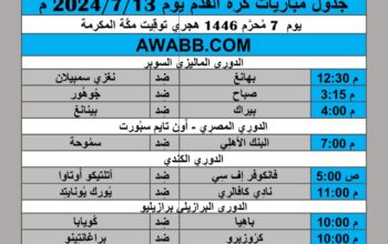 جدول مباريات كرة القدم يوم 2024/7/13 م