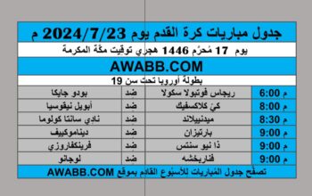 جدول مباريات كرة القدم يوم 2024/7/23 م
