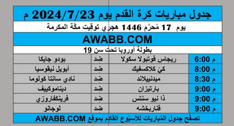 جدول مباريات كرة القدم يوم 2024/7/23 م