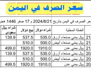 سعر الصرف في اليمن بتاريخ 2024/8/21 م 17 صفر 1446 هجري
