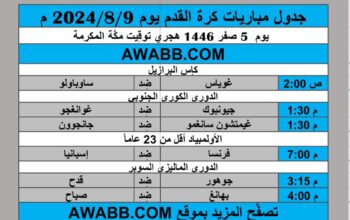 جدول مباريات كرة القدم يوم 2024/8/9 م