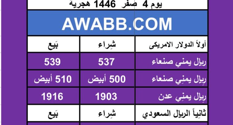 اسعار العملات في اليمن يوم 2024/8/8