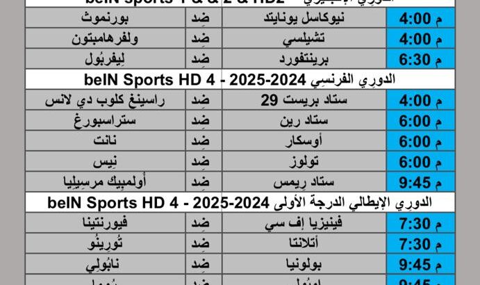 جدول مباريات كرة القدم يوم 2024/8/25 م