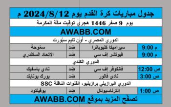 جدول مباريات كرة القدم يوم 2024/8/12 م