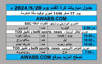 جدول مباريات كرة القدم يوم 2024/8/20 م