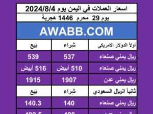 اسعار العملات في اليمن يوم 2024/8/4