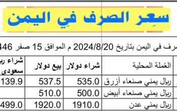 سعر الصرف في اليمن بتاريخ 2024/8/20 م الموافق 15 صفر 1446 هجري
