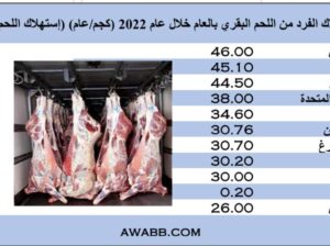 متوسط إستهلاك الفرد من اللحم البقري بالعام خلال عام 2022 (كجم/عام) (إستهلاك اللحم البقري)