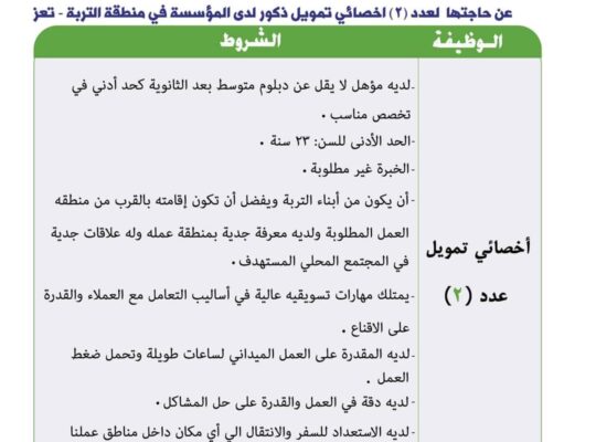 مطلوب للعمل في مؤسسة ثمار للتمويل الصغير و الأصغر 2 أخصائي تمويل ذكور . يلزم تقديم السيرة الذاتية إلى فرع المؤسسة في التربة شارع 16 عمارة المساح مقابل مستشفى خليفة و محطة الوفاء
