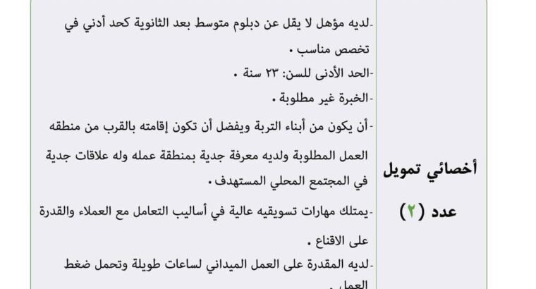 مطلوب للعمل في مؤسسة ثمار للتمويل الصغير و الأصغر 2 أخصائي تمويل ذكور . يلزم تقديم السيرة الذاتية إلى فرع المؤسسة في التربة شارع 16 عمارة المساح مقابل مستشفى خليفة و محطة الوفاء