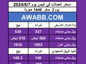 اسعار العملات في اليمن يوم 2024/8/7