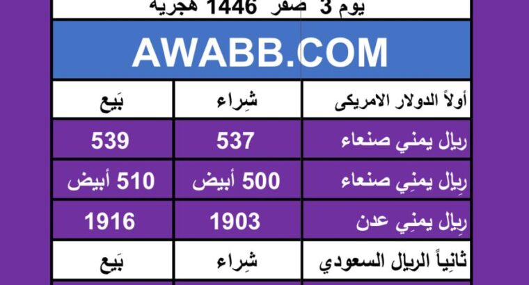 اسعار العملات في اليمن يوم 2024/8/7