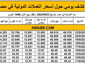 سعر الصرف في مصر بتاريخ 2024/9/23 م 20 ربيع الأول 1446 هجري