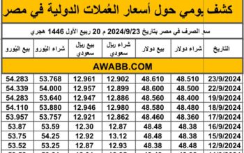 سعر الصرف في مصر بتاريخ 2024/9/23 م 20 ربيع الأول 1446 هجري