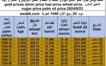 كشف يومي حول سعر السلع اليوم و الفضة و النفط و القمح الأمريكي و السكر و زيت النخيل المكرر gold prices silver price fuel price wheat price sugar price palm oil price 2024/9/23