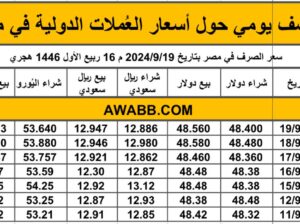 سعر الصرف في مصر بتاريخ 2024/9/19 م 16 ربيع الأول 1446 هجري