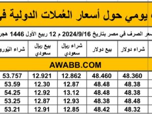 سعر الصرف في مصر بتاريخ 2024/9/16 م 12 ربيع الأول 1446 هجري