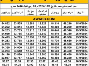 سعر الصرف في مصر بتاريخ 2024/10/1 م 28 ربيع الأول 1446 هجري