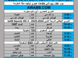 جدول مباريات كرة القدم يوم الخميس 2024/10/31 م الدوري المصري الدوري السعودي الدوري الإيطالى كأس الملك الأسباني