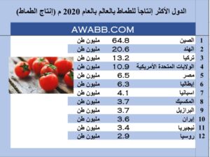 الدول الأكثر إنتاجاً للطماط بالعالم بالعام 2020 م (إنتاج الطماط)