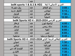 جدول مباريات كرة القدم يوم الأحد 2024/10/20 م