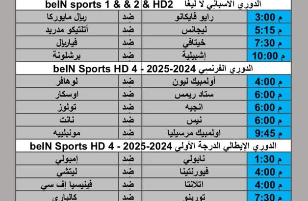 جدول مباريات كرة القدم يوم الأحد 2024/10/20 م