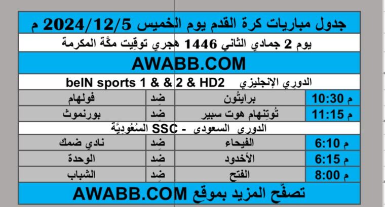 جدول مباريات كرة القدم يوم الخميس 2024/12/5 م الدوري الإنجليزي الممتاز الدوري السعودي الممتاز
