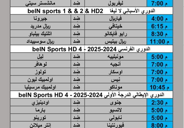 جدول مباريات كرة القدم يوم الأحد 2024/12/1 م الدوري الإنجليزي الممتاز الدوري الاسباني الممتاز الدوري المغربي الدوري المصري الممتاز الرابطة الجزائرية المحترفة الأولى الدوري الالماني