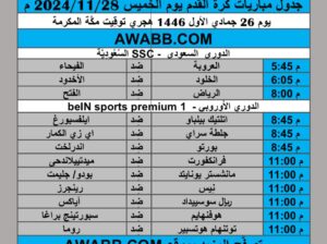 جدول مباريات كرة القدم يوم الخميس 2024/11/28 م  الدوري السعودي الدوري الأوروبي