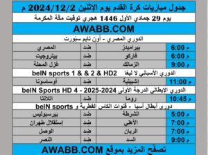 جدول مباريات كرة القدم يوم الإثنين 2024/12/2 م الدوري الاسباني الممتاز الدوري الايطالي دوري أبطال اسيا الدوري المصري الممتاز