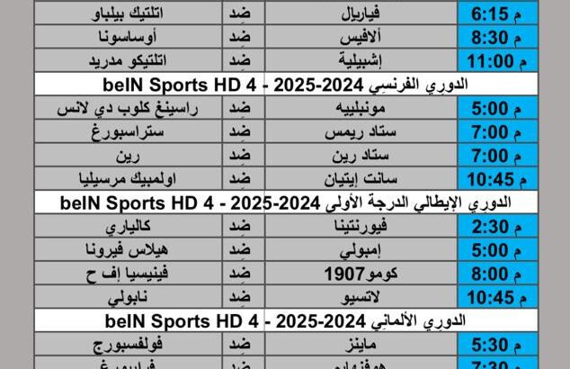 جدول مباريات كرة القدم يوم الأحد 2024/12/8 م الدوري الإنجليزي الممتاز الدوري الفرنسي الممتاز الدوري الألماني الدوري الإيطالي الدوري الأسباني الدوري الجزائري الدوري المغربي