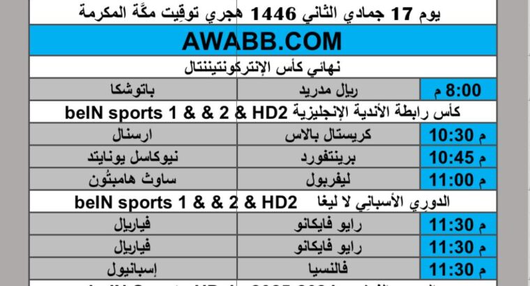 جدول مباريات كرة القدم يوم الأربعاء 2024/12/18 م كأس الإنتركونتيننتال الدوري الفرنسي الممتاز الدوري الأسباني الممتاز كأس رابطة الأندية الإنجليزية