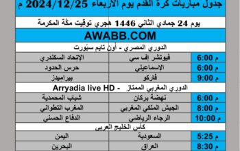 جدول مباريات كرة القدم يوم الأربعاء 2024/12/25 م